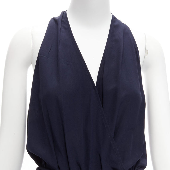 TORY BURCH 100% silk navy V neck wide leg wrap tie wide leg jumpsuit XS