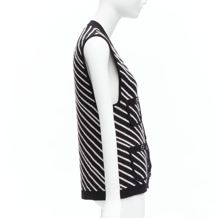 CHANEL 100% cashmere black white graphic stripes 4 pocket vest jacket FR34 XS