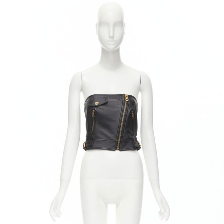 VERSACE Runway black leather gold-tone Medusa biker bustier top IT38 XS