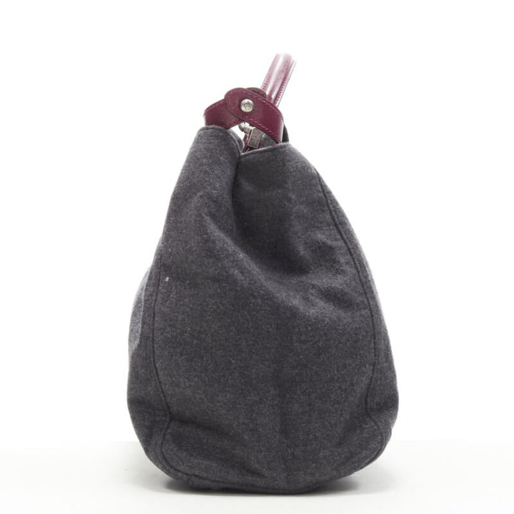 rare FENDI Peekaboo grey wool burgundy textured leather shoulder satchel bag