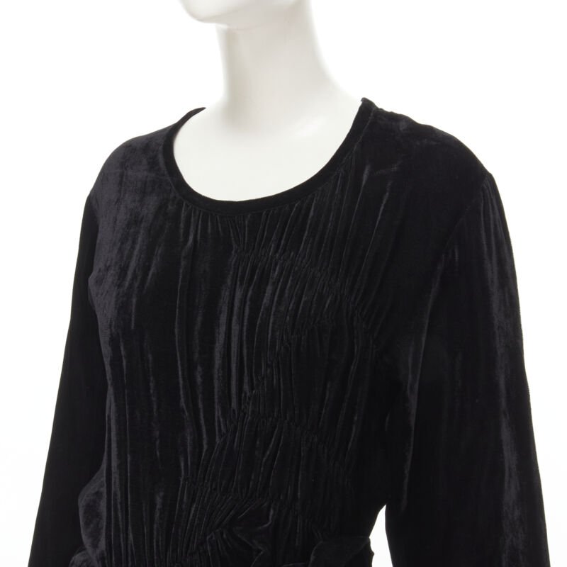 COMME DES GARCONS 1980's Vintage black velvet irregular shirred midi dress M