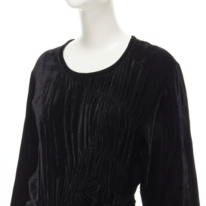 COMME DES GARCONS 1980's Vintage black velvet irregular shirred midi dress M