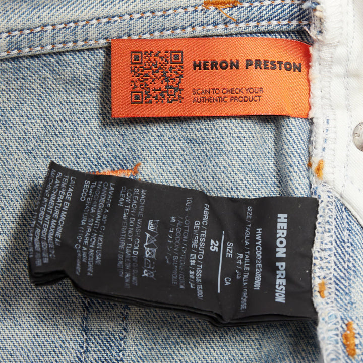 HERON PRESTON western cowboy blue washed denim orange waist cut off shorts 25"