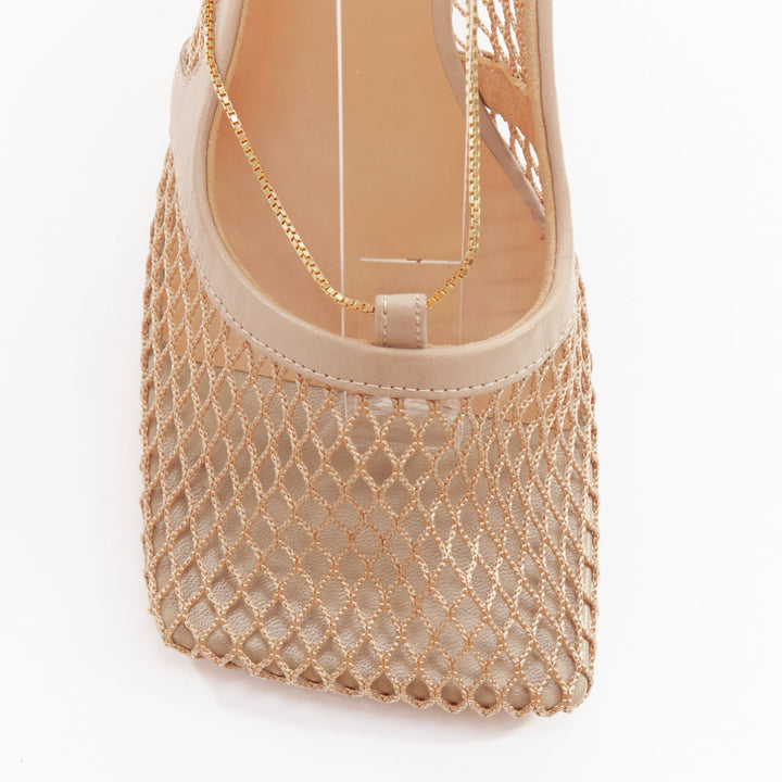 BOTTEGA VENETA Stretch nude leather fishnet square toe chain heels EU37
