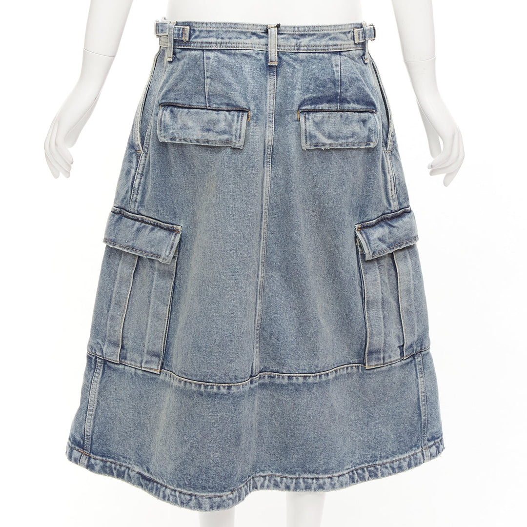 BALENCIAGA Demna 2021 Cargo Kick blue denim low waist logo midi skirt FR38 M