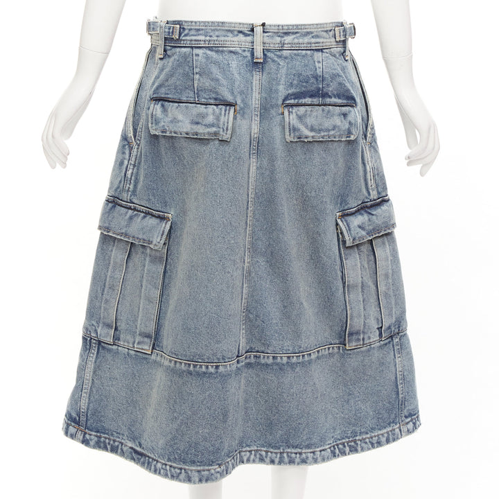 BALENCIAGA Demna 2021 Cargo Kick blue denim low waist logo midi skirt FR38 M
