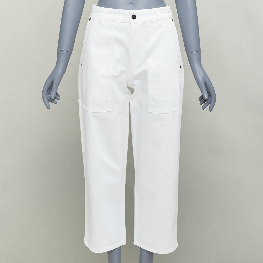 THE ROW white cotton studded patch pockets high waist crop jeans US0 XS
