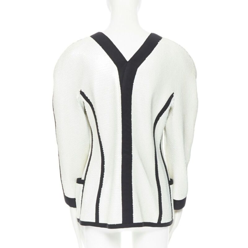 runway CHANEL SS91 white sequin black grosgrain trim scuba zipper jacket FR44