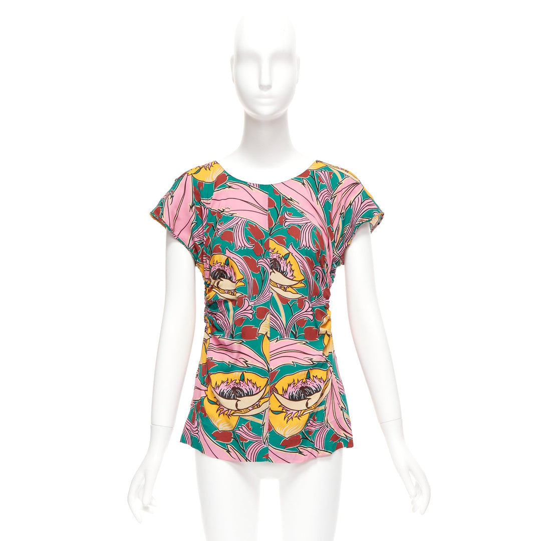 MARNI pink green floral illustration print gathered side cap sleeve top IT38 XS