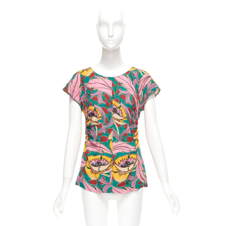 MARNI pink green floral illustration print gathered side cap sleeve top IT38 XS