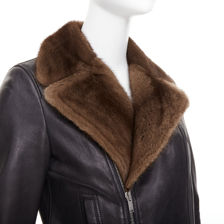 SAINT LAURENT 2018 brown mink fur black lambskin leather biker jacket FR38 M