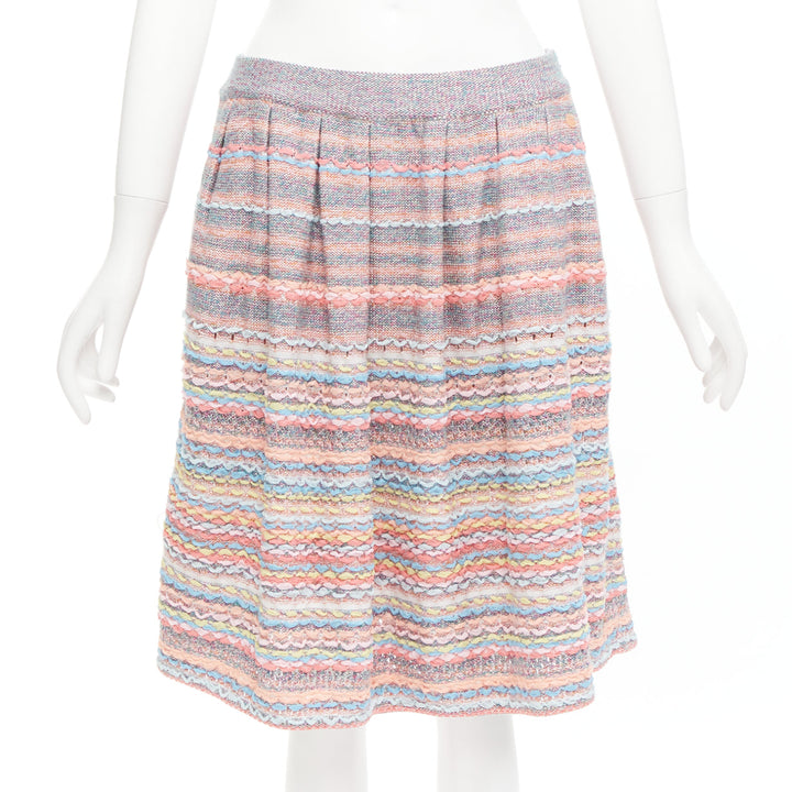 CHANEL 18P rainbow silk cotton cashmere ribbon tweed knee length skirt FR40 L