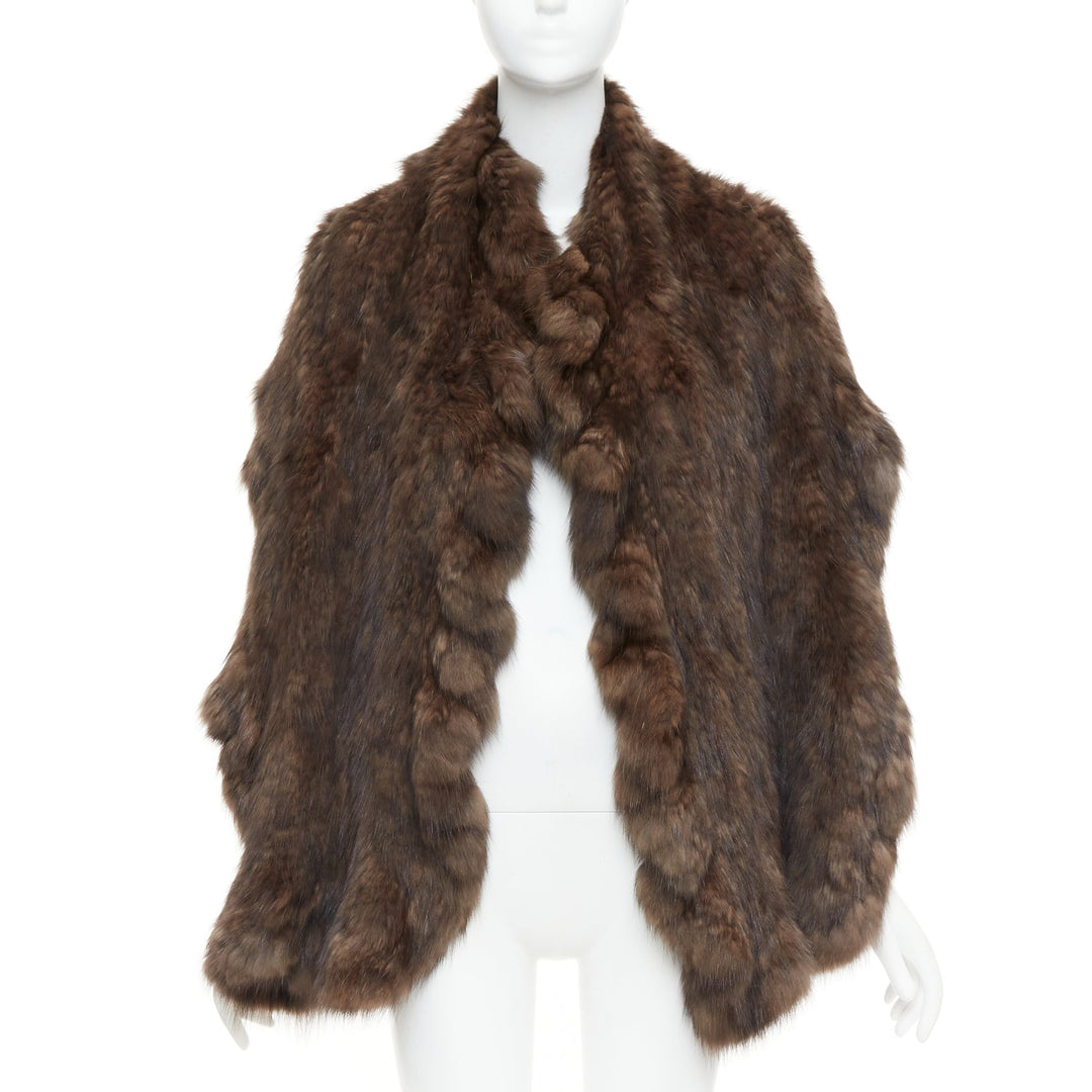 Brown genuine fur patchwork large shawl stole scarf