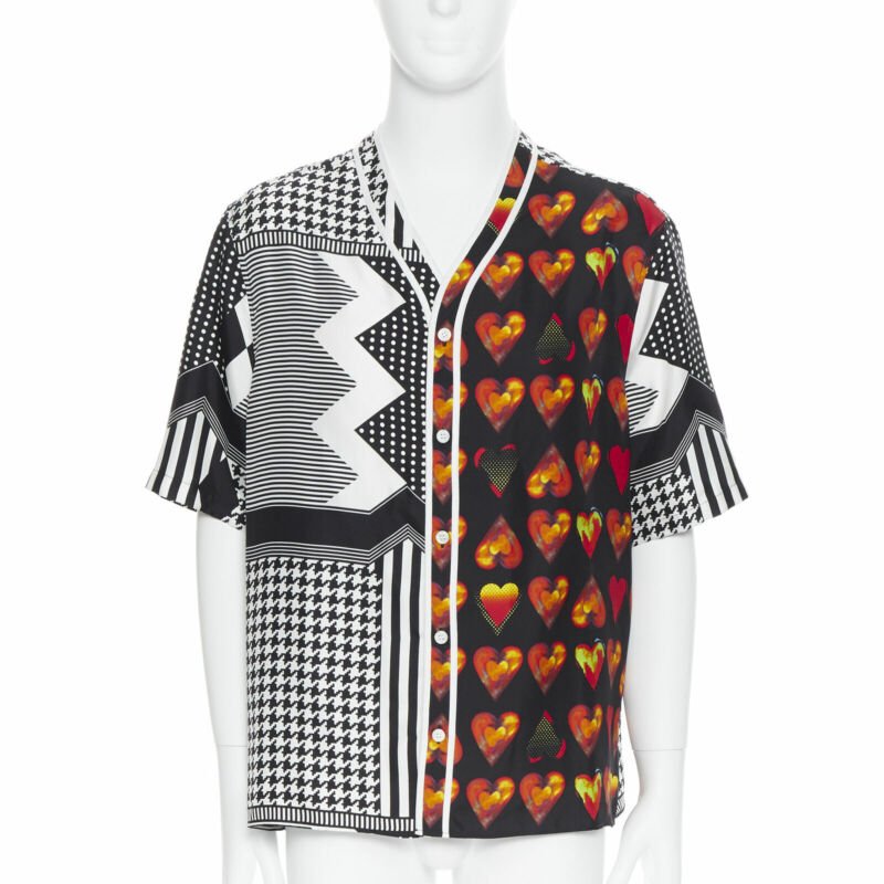 VERSACE Jim Dine red Heart black chevron print baseball silk shirt EU39 M