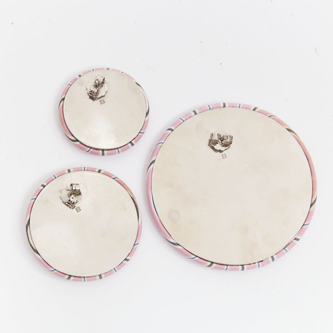 BALENCIAGA pink stripes fabric round badges studs earrings Set 3