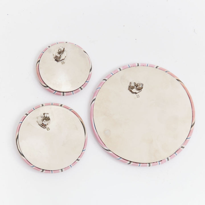 BALENCIAGA pink stripes fabric round badges studs earrings Set 3