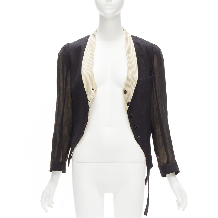 ANN DEMEULEMEESTER black overlay sheer cream topstitched jacket FR36 S