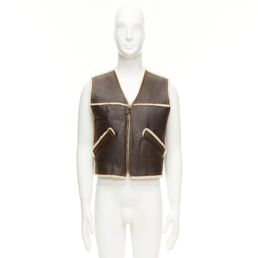 JEAN PAUL GAULTIER JEANS Vintage brown shearling lined logo zip vest FR42 XXS