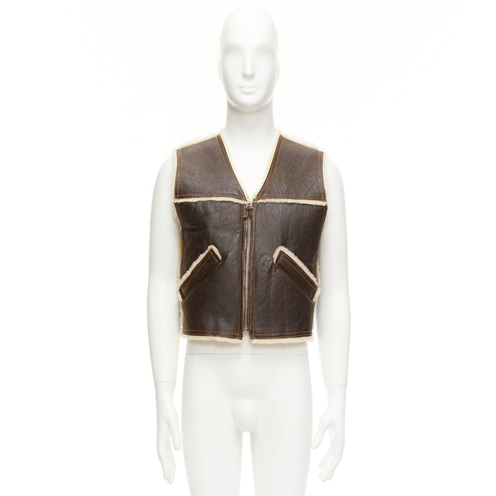 JEAN PAUL GAULTIER JEANS Vintage brown shearling lined logo zip vest FR42 XXS