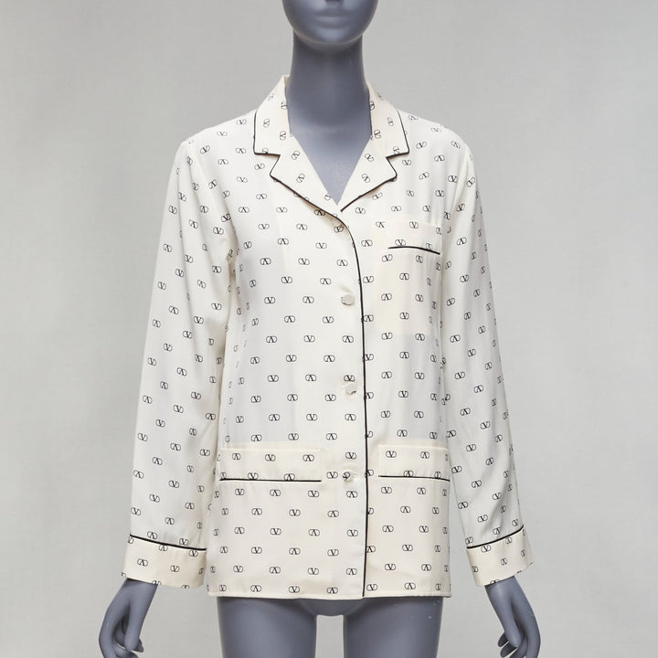 VALENTINO cream 100% silk V logo black piping collared pajama shirt IT36 XXS
