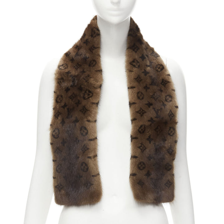 LOUIS VUITTON 100% Vison Mink fur brown monogram print shawl scarf