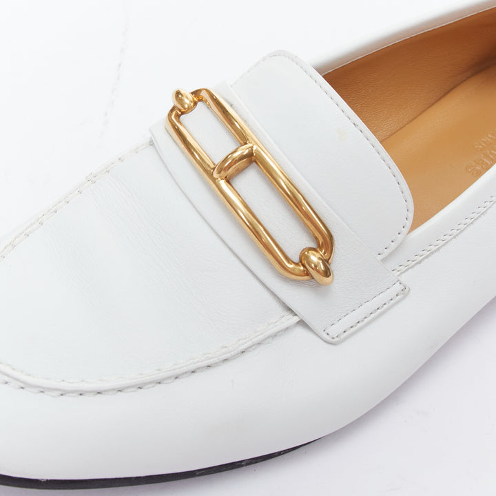 HERMES Colette white goat leather gold plated Roulis buckle loafers EU37
