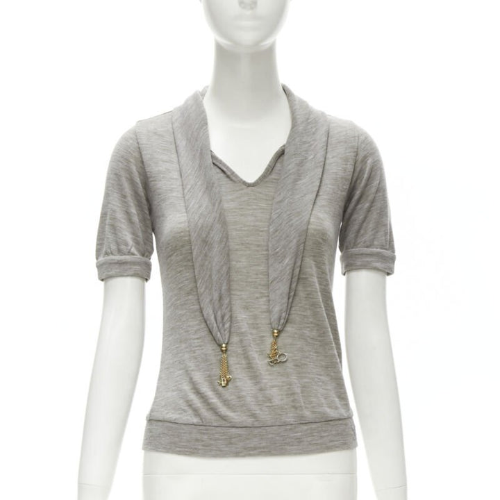 LOUIS VUITTON heather grey LVOE tassel charm scarf collar pullover top  S