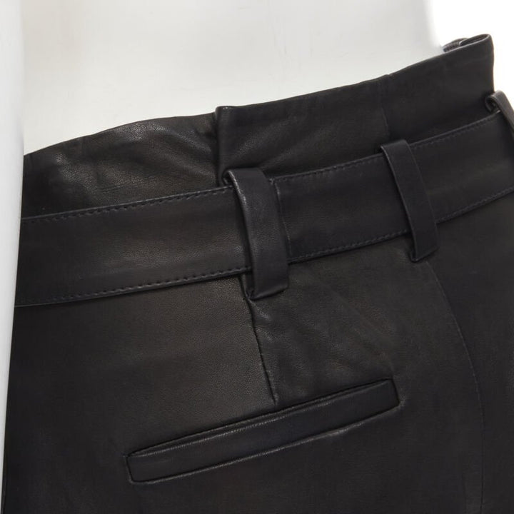THEORY black leather belted paperbag waist wide cuffed shorts US0 XS