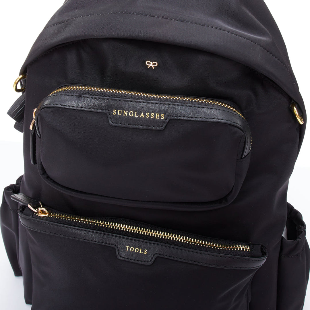 ANYA HINDMARCH Cycling black leather trim multi pocket shell backpack bag