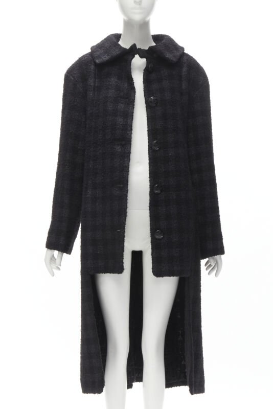 CHANEL 13K black lurex check tweed Globe CC button high low coat FR36 XS