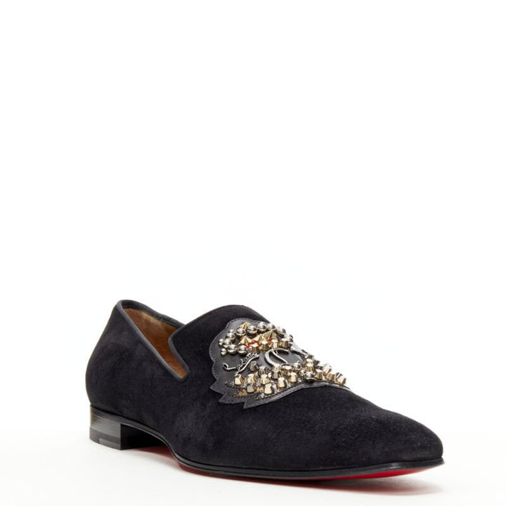 CHRISTIAN LOUBOUTIN Ecupump Flat black suede studded CL crest loafer EU42