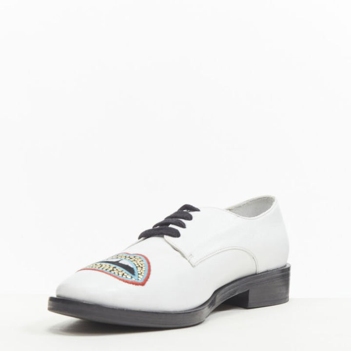 MARKUS LUPFER Signature studded embroidered lips white leather brogue EU36