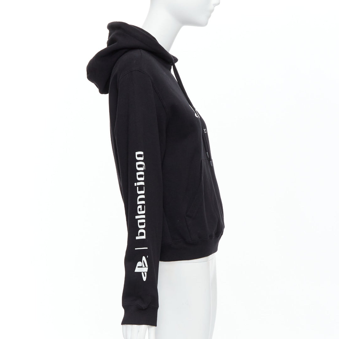 BALENCIAGA Demna 2021 black cotton PS5 logo fitted cropped hoodie M