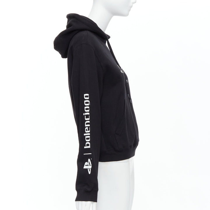 BALENCIAGA Demna 2021 black cotton PS5 logo fitted cropped hoodie M