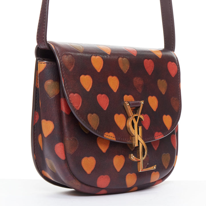 SAINT LAURENT Kaia brown heart embossed print YSL crossbody bag