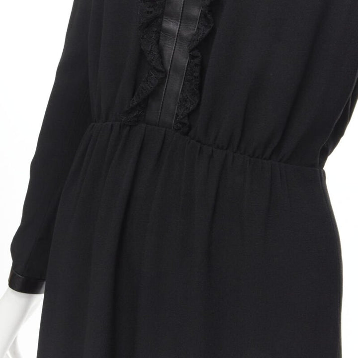 SAINT LAURENT Hedi Slimane 2013 black leather lace ruffle dress FR36 XS