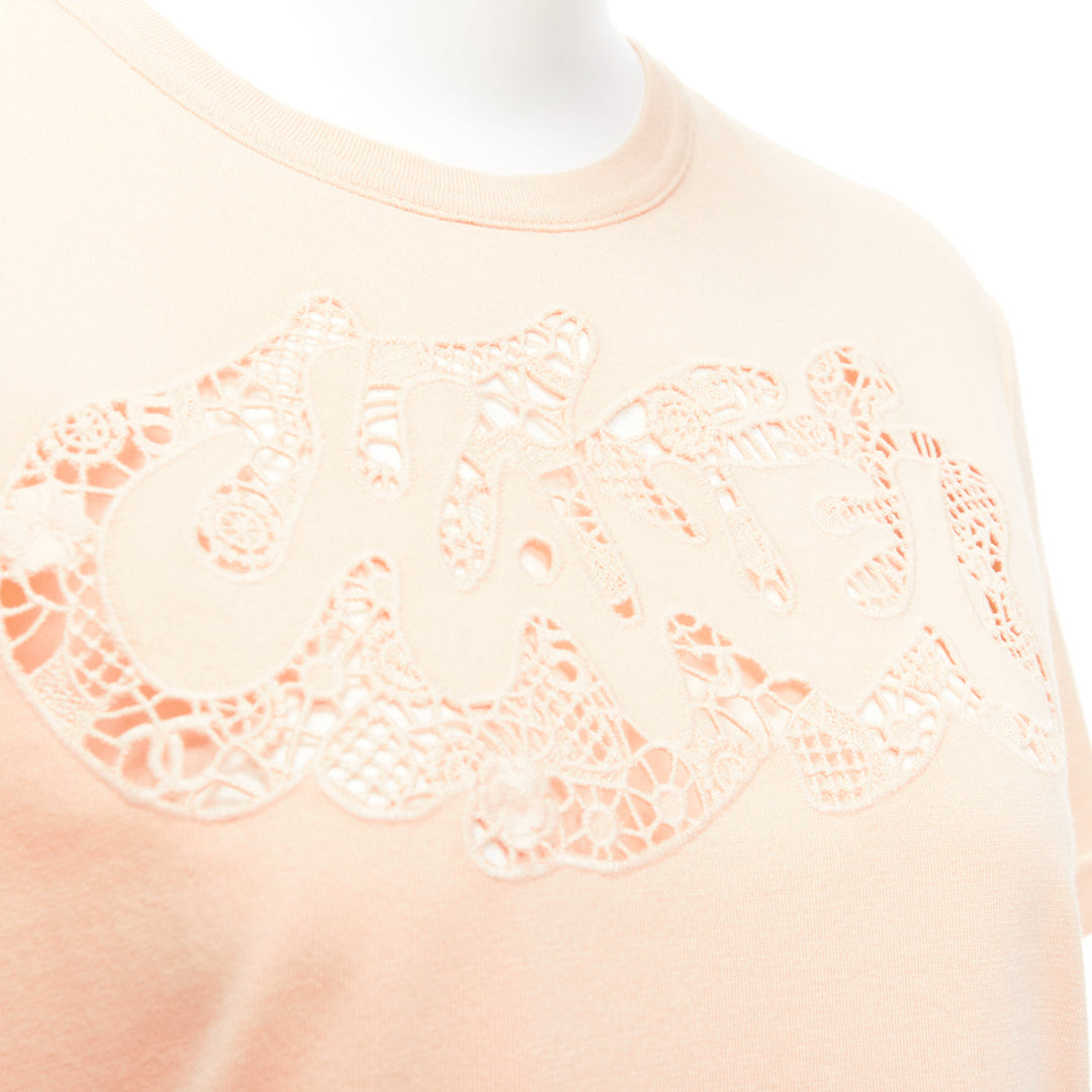 CHANEL 2020 peach pink macrame hollow logo cropped pocketed tshirt FR38 M