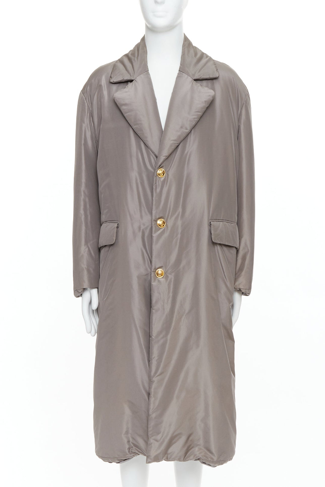VERSACE 100% silk stone grey padded gold Medusa buttons long belted coat IT50 L