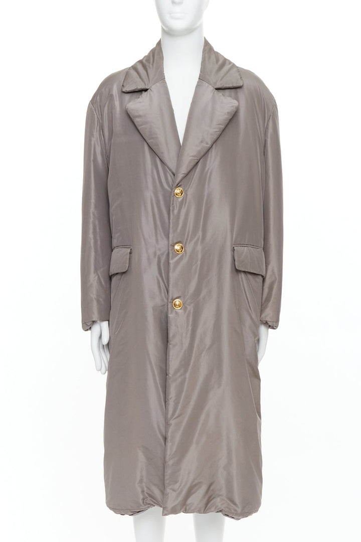 VERSACE 100% silk stone grey padded gold Medusa buttons long belted coat IT50 L