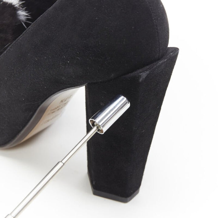 FENDI black suede black white mink fur front point toe chunky heel pump EU37.5