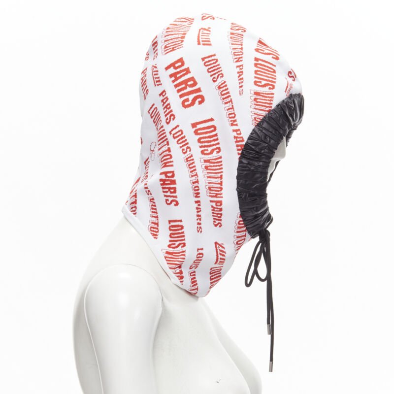 LOUIS VUITTON FORNASETTI 2021 white red logo jacquard nylon trim snood hood hat