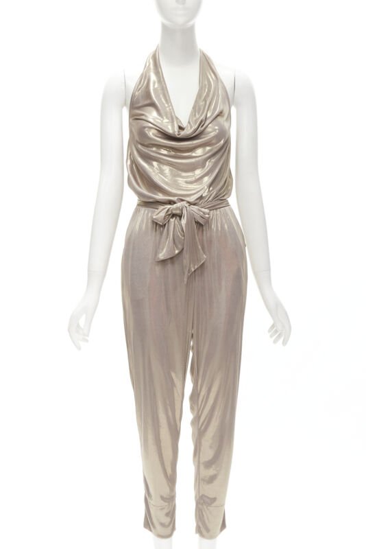 DIANE VON FUSTENBERG Carolette liquid metal gold halter backless jumpsuit S