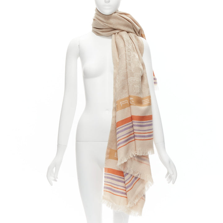 ETRO Home Collection 100% merino wool beige logo stripes fringe scarf