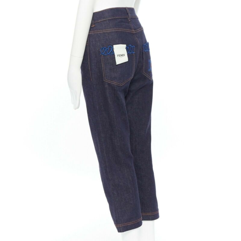 FENDI PF18 indigo blue crisp denim straight jeans 3/4 heart embroidery IT40 S