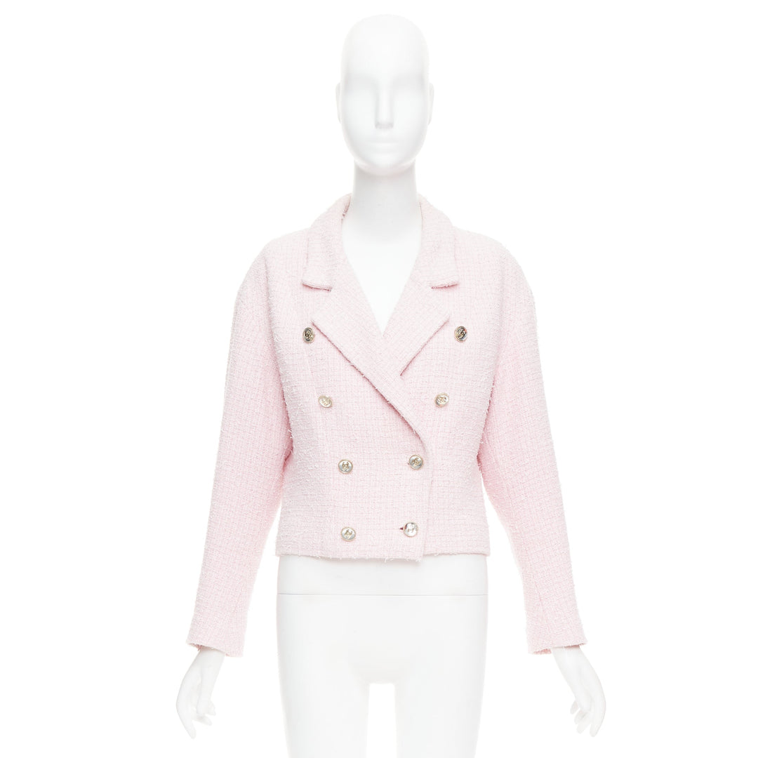CHANEL 21P pink cotton tweed CC button double breasted cropped jacket FR38 M
