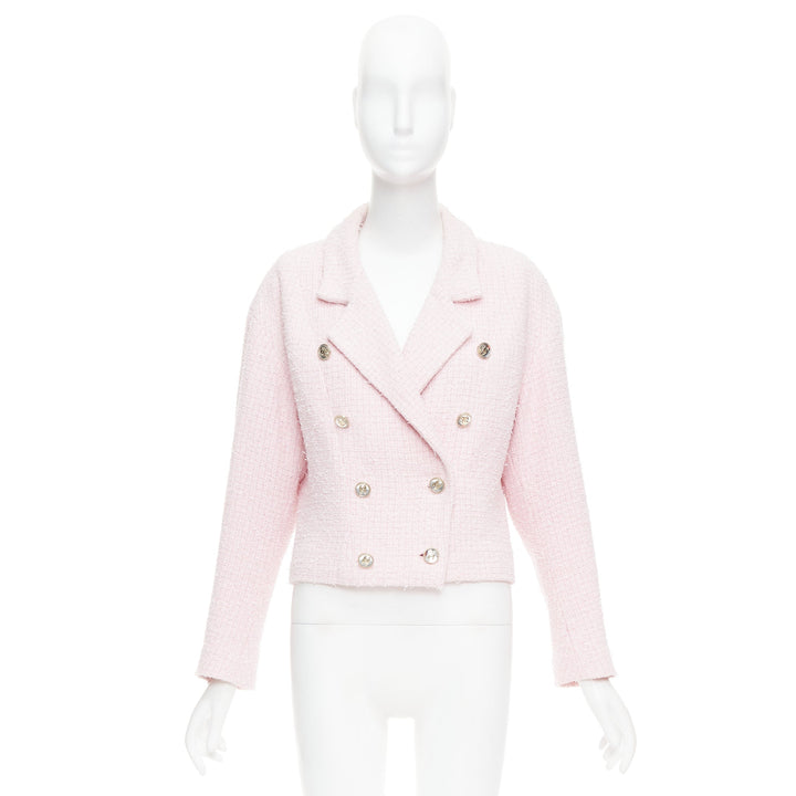 CHANEL 21P pink cotton tweed CC button double breasted cropped jacket FR38 M