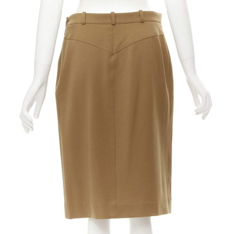 HERMES brown wool blend leather Sellier zipper pocket pencil skirt FR42 L
