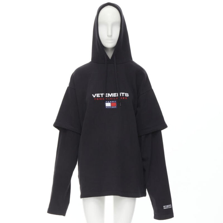VETEMENTS TOMMY HILFIGER Demna 2018 black double sleeve oversized hoodie XS