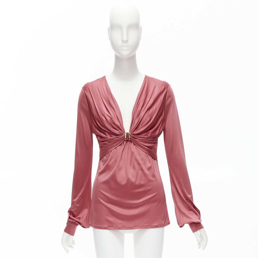 GUCCI pink bamboo buckle silky deep V billow sleeve blouse IT44 L