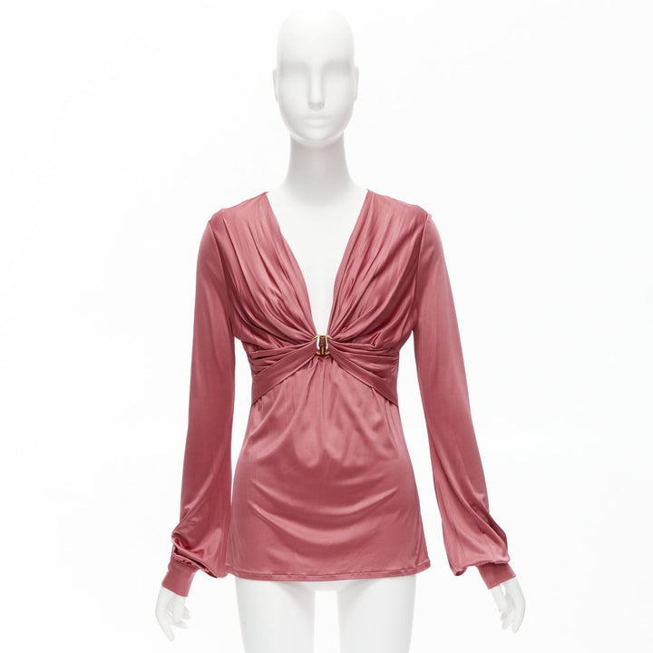 GUCCI pink bamboo buckle silky deep V billow sleeve blouse IT44 L